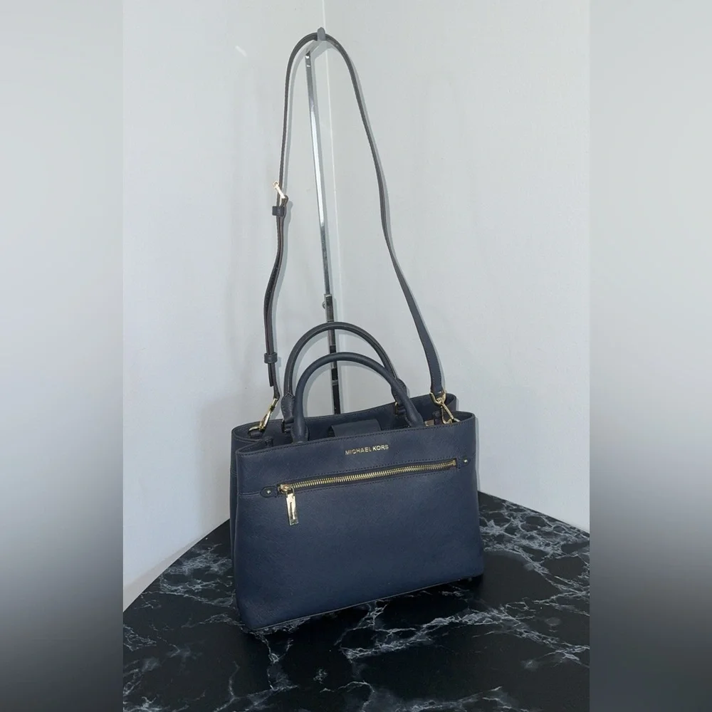 MICHAEL KORS Handbag Crossgrain Leather Navy Large Crossbody Satchel AUTHENTIC - Picture 4 of 12
